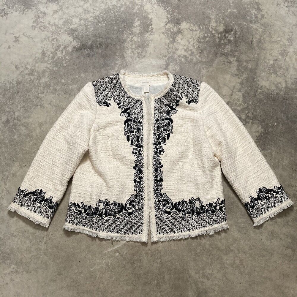 Chicos 2 L 12 Jacket Womens‎ Ivory Novelty Floral Embroidered Tweed Open Front